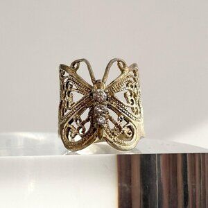 FIligree Ornate Sterling Silver Butterfly Shaped CZ Gemstone Vintage Ring - sz 7